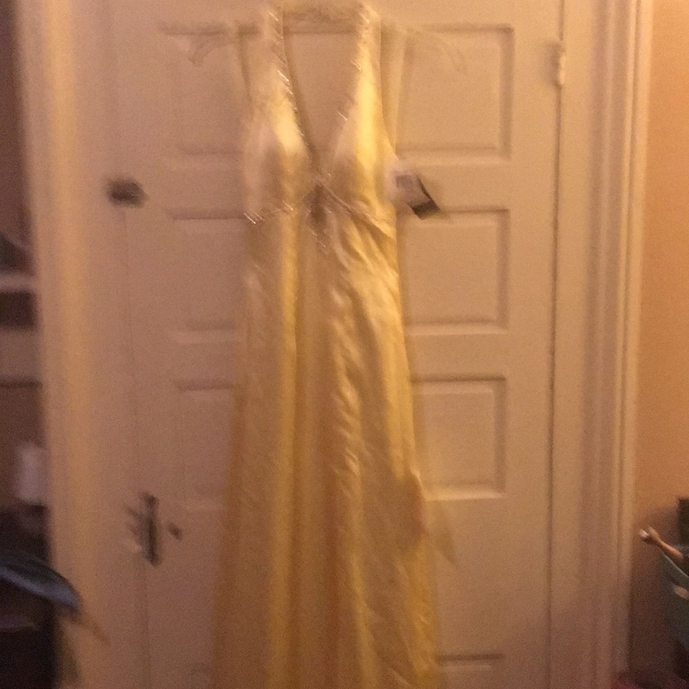 Pale yellow satin halter prom dress